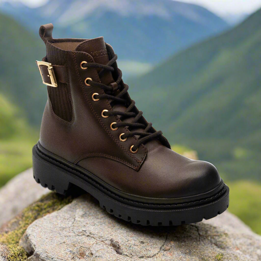 Bota Tipo Combat de piel para Dama Verde Tabaco 7259