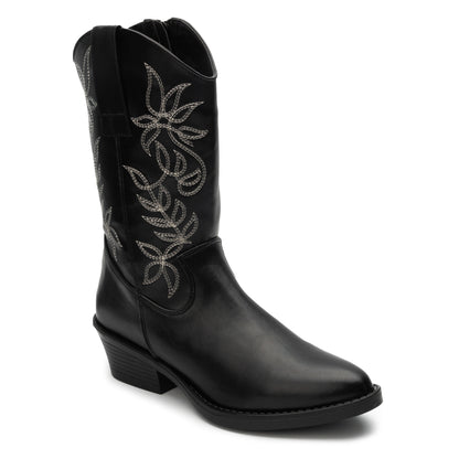 Bota Tipo Vaquera para Dama en Negro y Café con Bordado Floral 7501