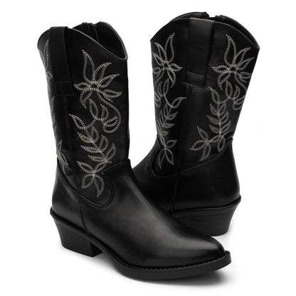 Bota Tipo Vaquera para Dama en Negro y Café con Bordado Floral 7501